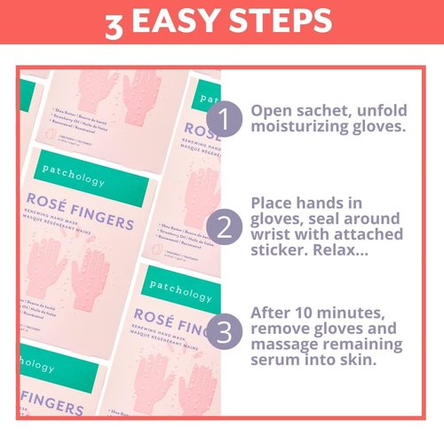 Patchology Rosé Fingers Hand Mask - Strawberry-Scented Moisturizing Gloves with Shea Butter for Soft Skin | 1 Pair