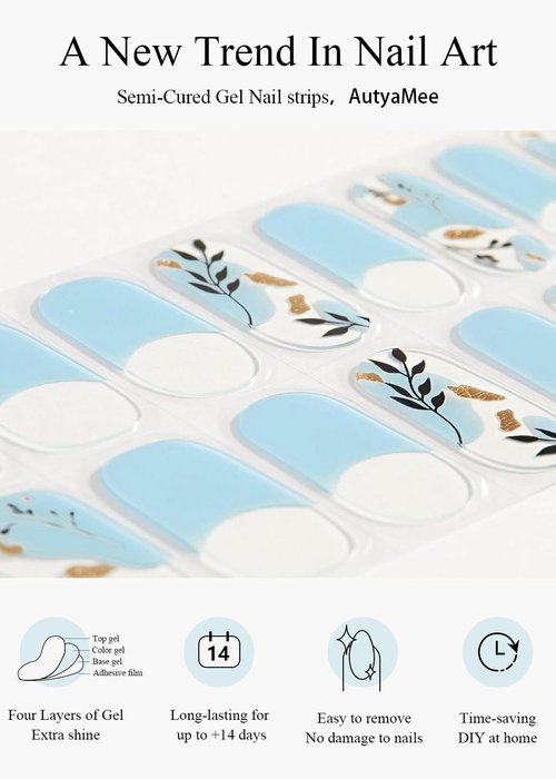 AutyaMee Semi Cured Gel Nail Strips (Blue French), Painted Flowers, 20 Pcs Gel Nail Wraps, Stickers, UV Light Required, Salon Quality, Long Lasting
