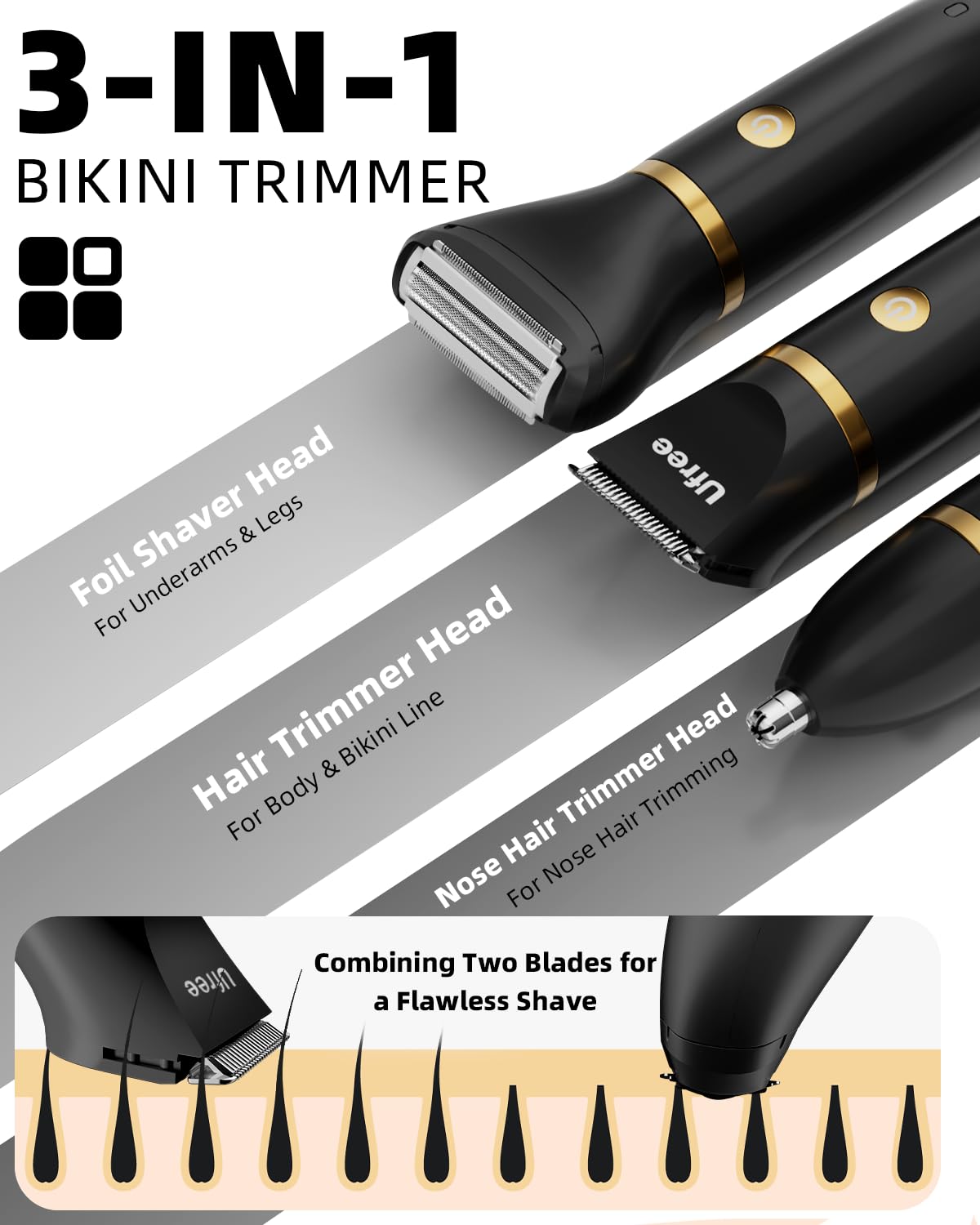 Ufree Bikini Trimmer - Rechargeable Electric Razor for Women | IPX7 Waterproof, Black