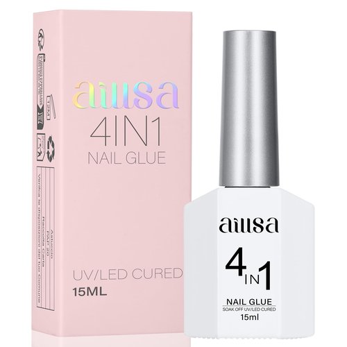AILLSA 4 in 1 Nail Glue Gel for Acrylic Nail Tips, 15ML UV Nail Glue Long Lasting Brush On Nail Glues for Clear Fake Nail Tips and Rhinestone Pearl Foil, Lamp Curing Needed