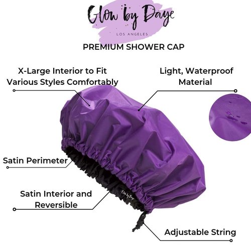 Glow by Daye Satin Lined Shower Cap - Adjustable Waterproof Design for Hair Protection | Large, Purple Rain