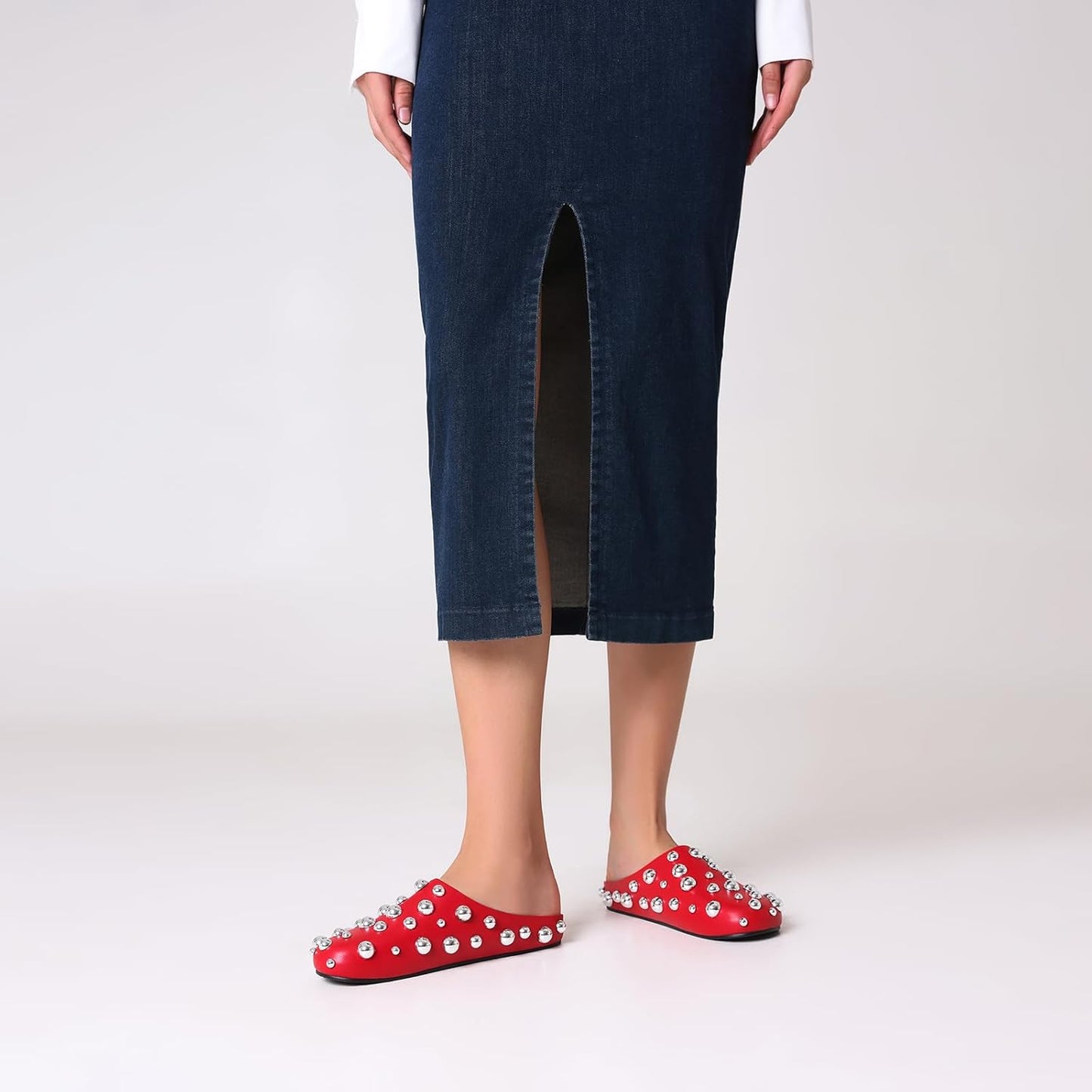 Skiennix Studded Flat Mules - Sparkly Metallic Closed Toe Slippers | Comfortable Backless Clogs