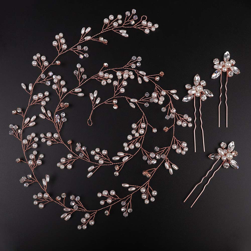 Denifery Bridal Rose Gold Extra Long Pearl and Crystal Beads Bridal Hair Vine Wedding Head Piece Bridal Accessories (Rose gold)