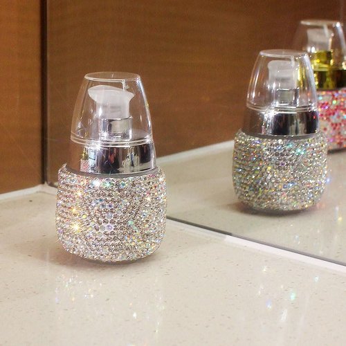 Rhinestone Travel Portable 30ml Lotion Dispensing Empty Bottle - Luxury Bling Glass Cosmetic Empty Container - Press Pump Design for Easy Dispensing - Ideal for Beauty On-The-Go (Silver)