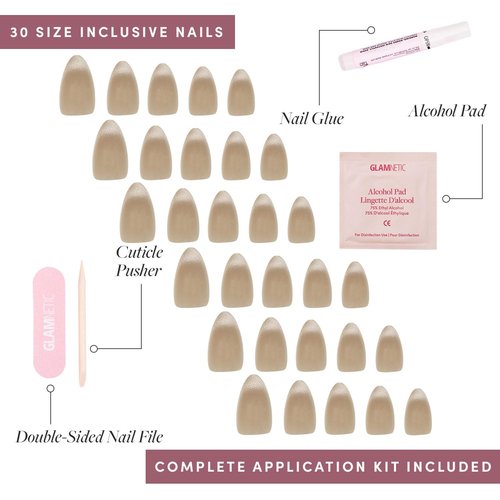 Glamnetic Press On Nails - Honey Bun | Trendy Neutral Nude Velvet Sparkly Short Almond Fake Nails, Salon Quality | 15 Sizes - 30 Nail Kit with Glue