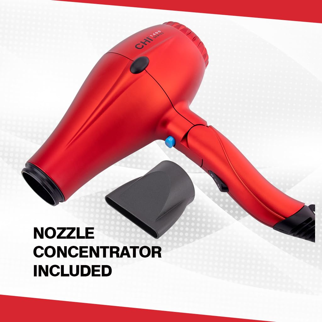 CHI 1400 Series Compact Hair Dryer - Powerful, Lightweight & Quick-Drying for Shiny, Frizz-Free Hair | Red