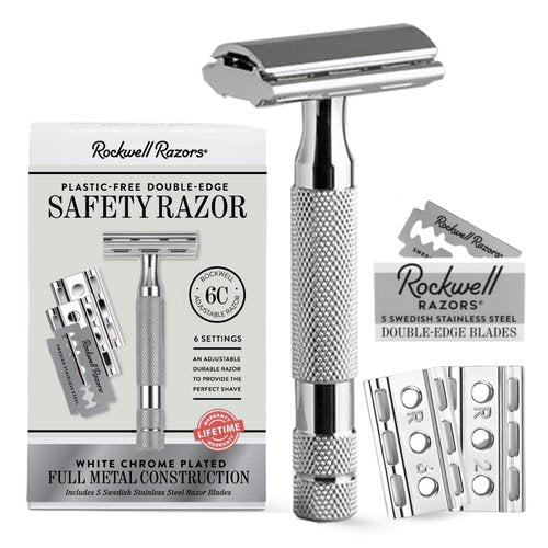 Rockwell Razors 6C White Chrome Safety Razor - Adjustable Shave Settings for Sensitive Skin | 5 Recyclable Blades