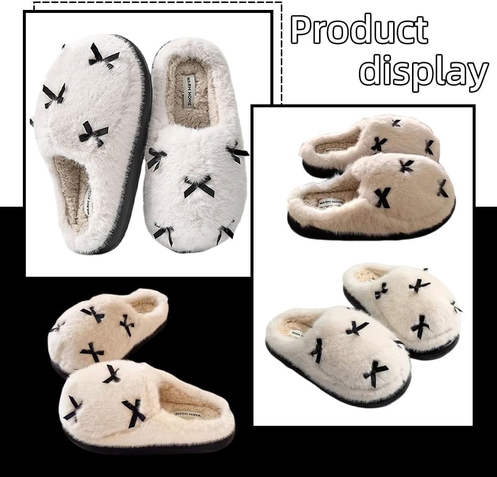 Skiennix Bow Slippers - Cozy Fuzzy Memory Foam House Shoes for Men & Women | Plush Indoor/Outdoor Winter Footwear