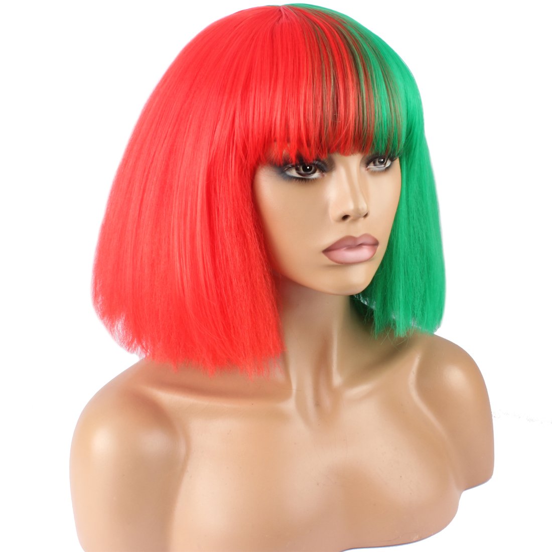 WeKen Fashion Wig Women's Short Bob Kinky Straight Full Bangs Synthetic Hairpieces Red and Green