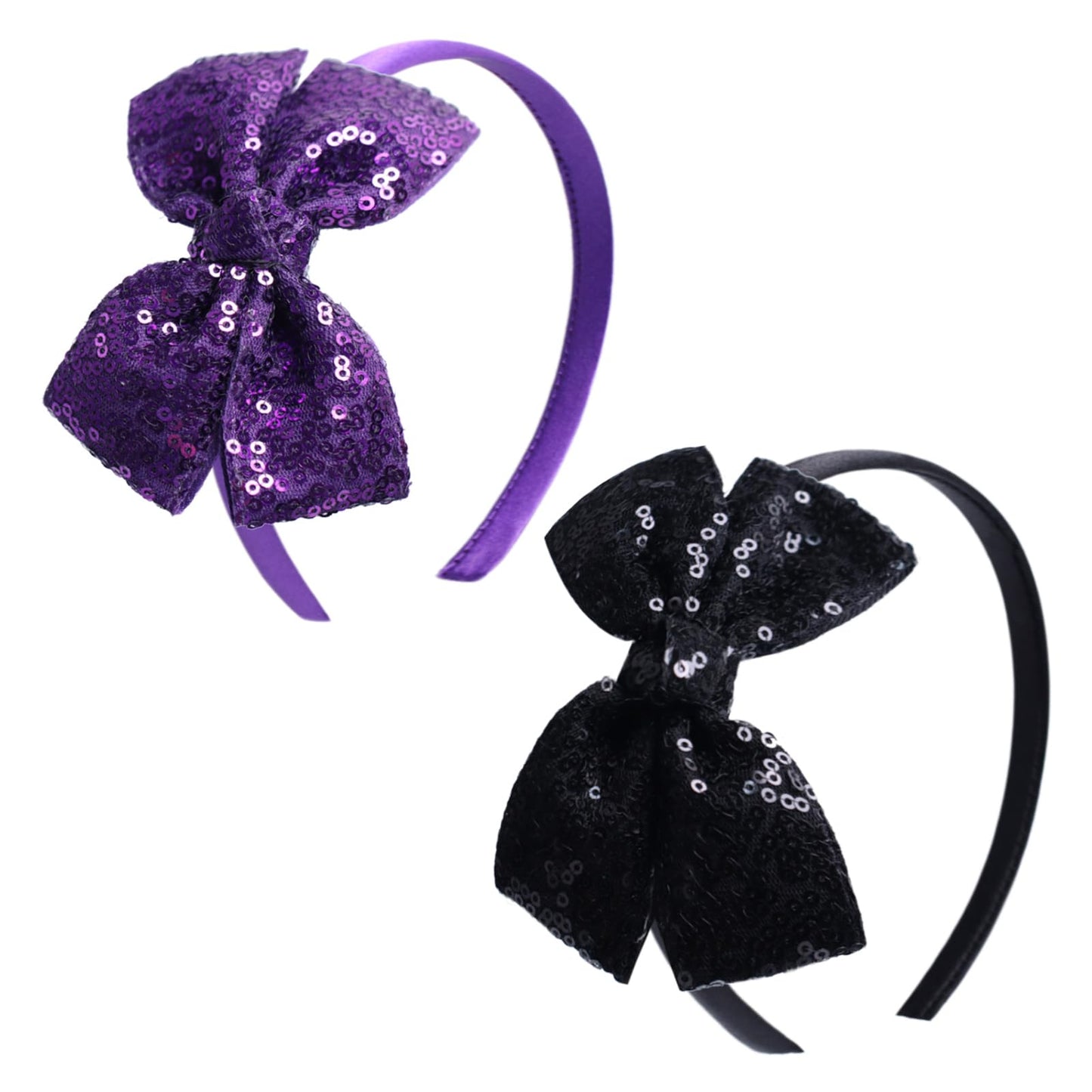 Kiszu Sparkly Sequin Hair Bow Headband for Girls, Kids, and Toddlers - Fashion Cute Boutique Style Hair Accessory - 2 Piece (Purple,Black)