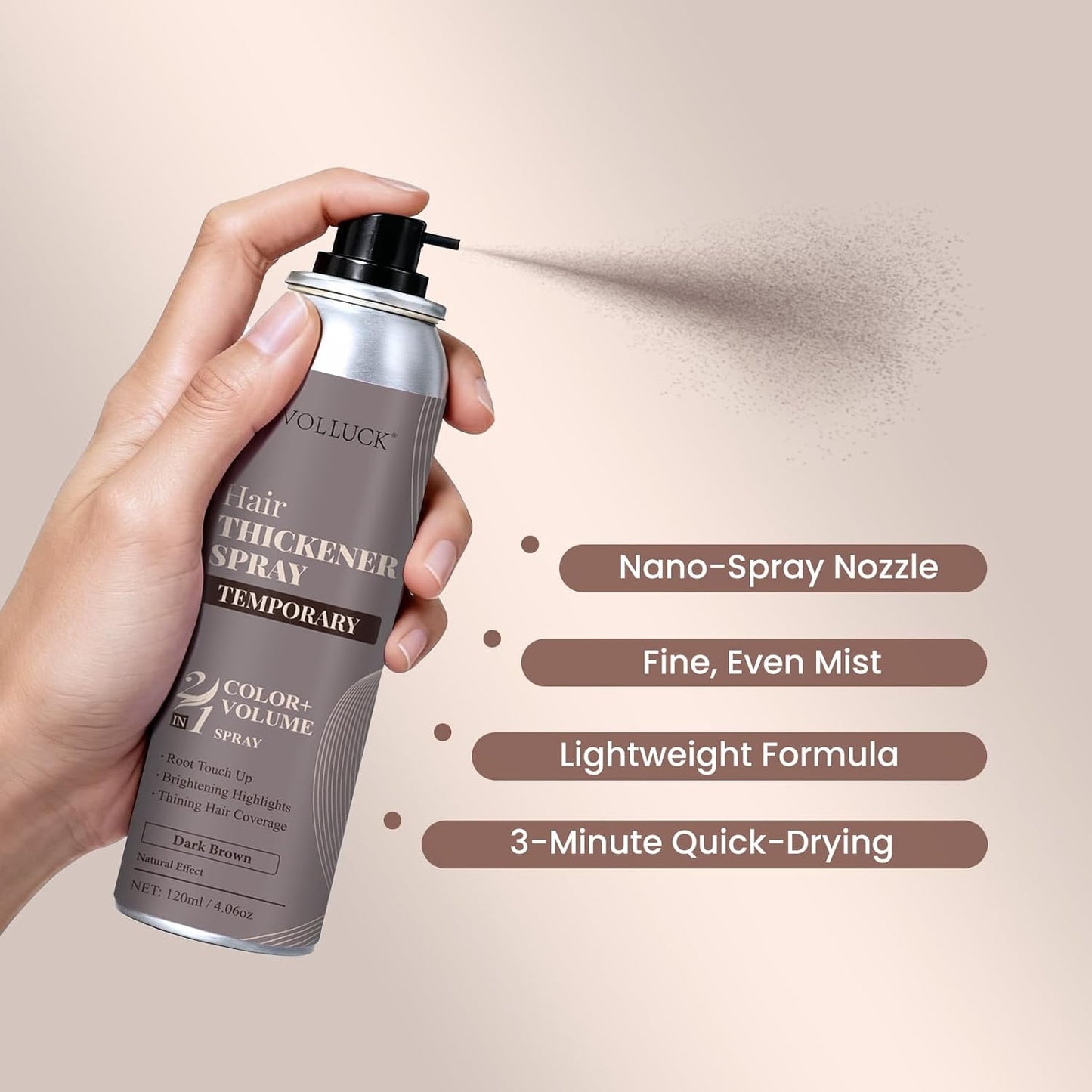 VOLLUCK Hair Thickening Spray - Temporary Black Color & Root Touch-Up for Grey Coverage | Volumizing Solution