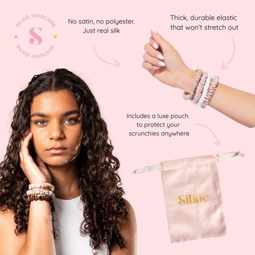 SILKIE x4 Set - Forget Satin - 100% Pure Mulberry Silk Black Brown Skinny Scrunchies Travel Pouch Everyday Hair Ties Elastics Hair Care Ponytail Holder No Damage (Chocolate)