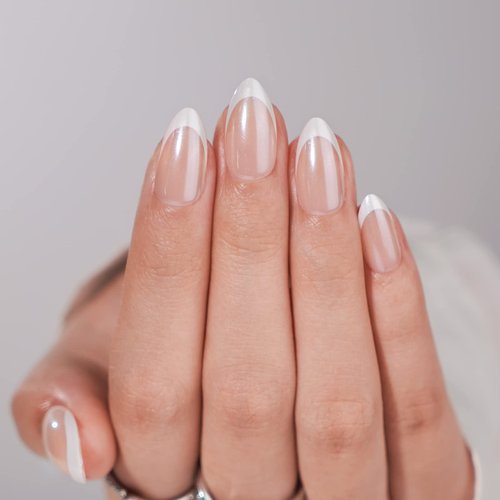 French Tip Press On Nails - BTArtbox White Almond Medium Reusable Stick On Nails in 15 Sizes - 30 Soft Gel Fake Nail Kit for Women Gift, Classic