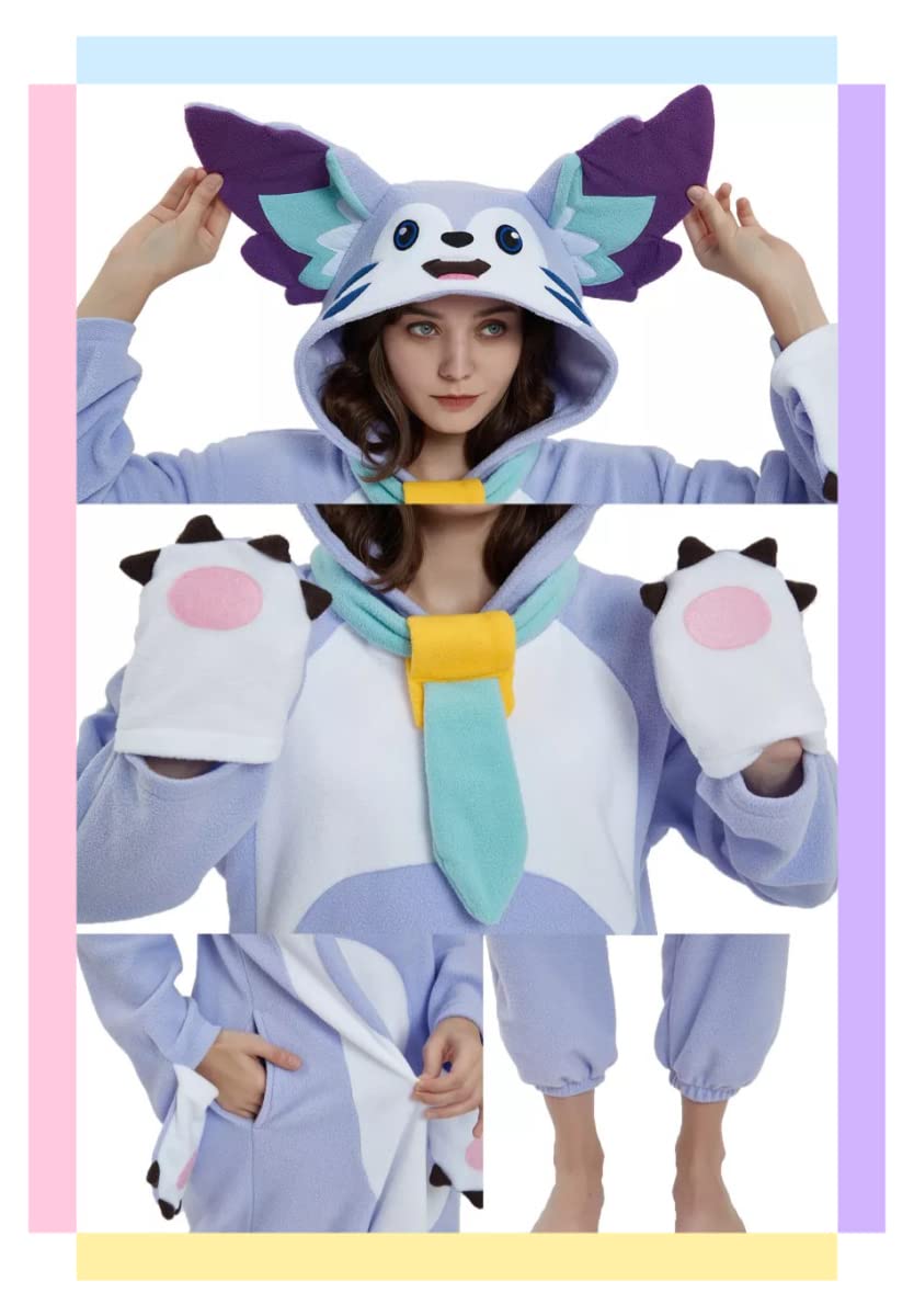 DarkCom Animal Onesie Unisex Adult Christmas Pajamas, One Piece Cosplay Purple Cat Halloween Costume Sleepwear Homewear for Women Men Small