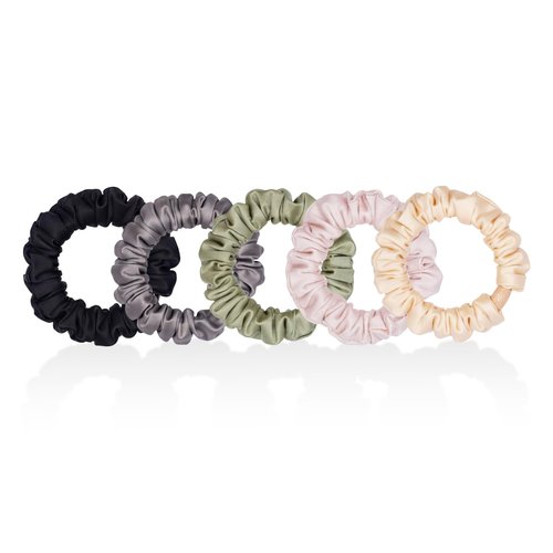 Satin Hair Ties Scrunchies for Women Ponytail Holder No Crease Thin Elestics Hair Scrunchie for Thick Curly Hair Sleep Daily Wear Hair Accessories 5 Pcs