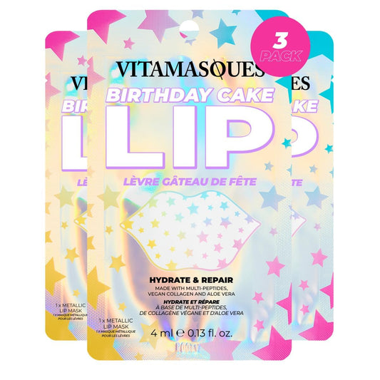 Vitamasques Lip Mask - Birthday Cake Collagen Sheets for Dry & Chapped Lips | Nourishing & Hydrating, 3-Pack