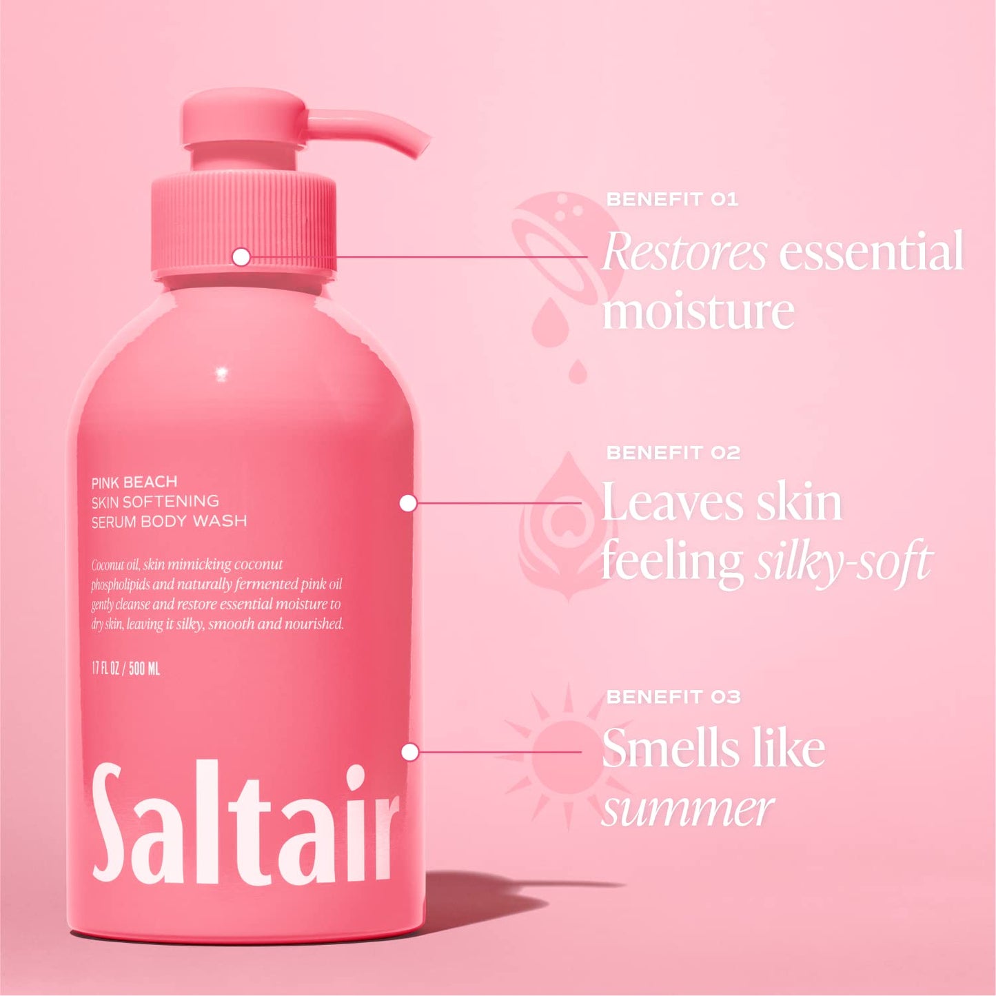 Saltair Body Wash, Pink Beach 2-Pack. Moisturizing Body Cleanser with Monoi Oil and Cupuacu Butter. Luxury Shower Gel for Women. Vegan, Cruelty-Free, Paraben-Free. 2x 17oz Pump Bottles