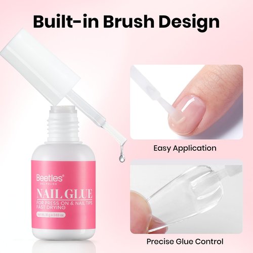 Beetles Super Strong Nail Glue for Press On Nails, Nail Tips, Acrylic Nails, 18ML Hema Free No Uv Light Needed Nail Bond Brush in Nail Glue for Press Ons, Fake Nails, Long Lasting for Beginners