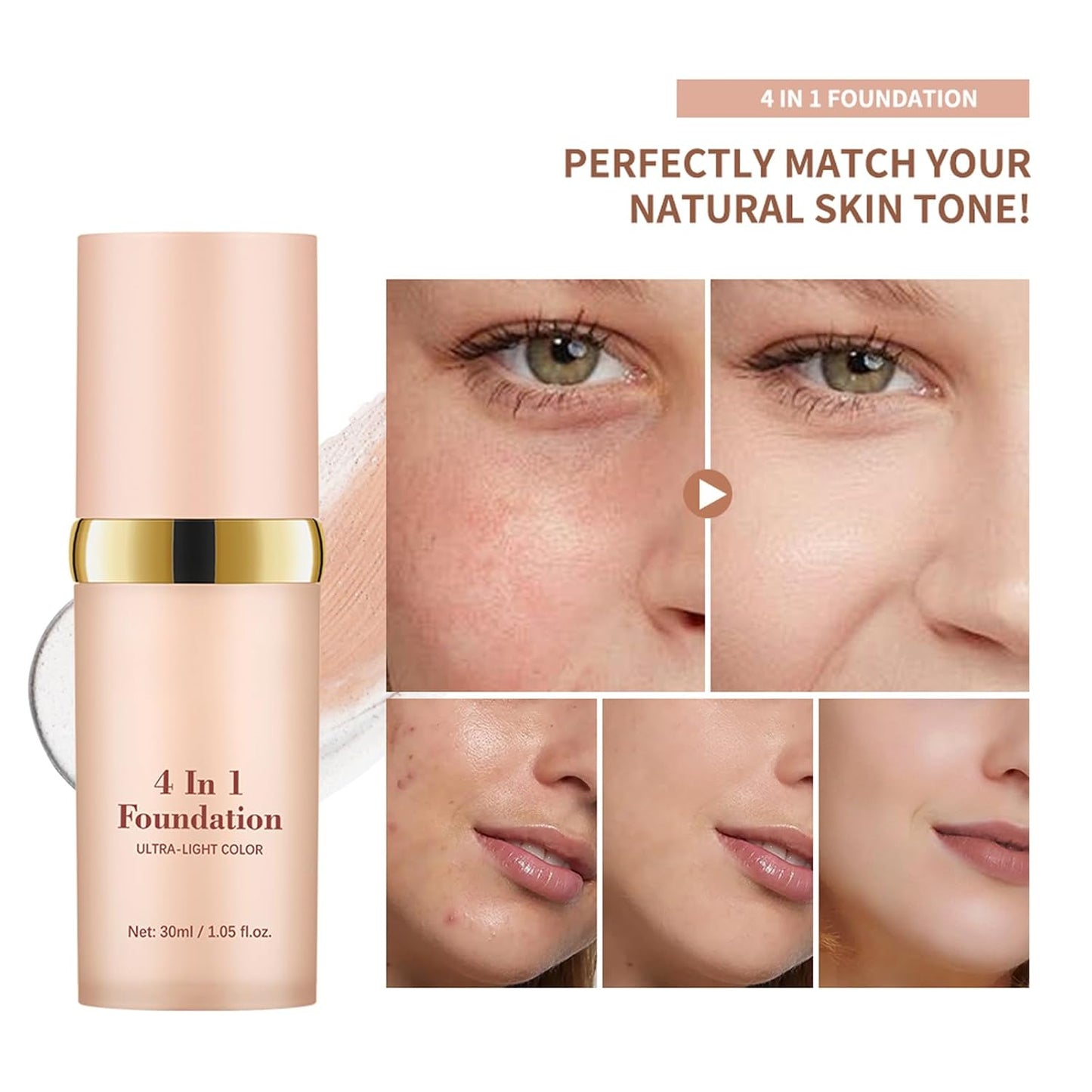 Skiennix 4-in-1 Color Changing Foundation - Auto-Adjusting Liquid with SPF 30 & Natural Matte Finish (Light)