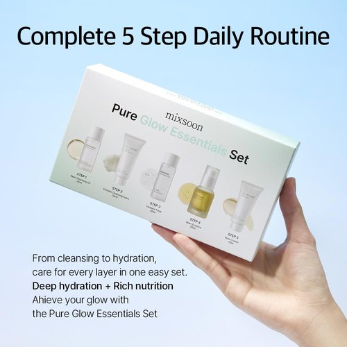 Mixsoon Pure Glow Essentials Set - 5-Step Hydrating Skincare Kit | Travel Size Gift Set (15ml*1 + 20ml*3 + 30ml*1)