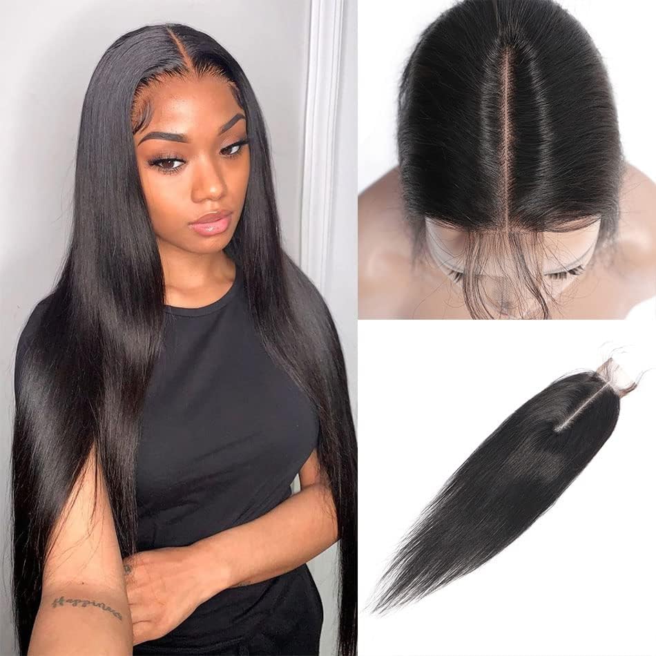 Brazilian 2x6 HD Lace Closure Human Hair Transparent Lace Closure with Baby Hair Straight 100% Human Hair Kim k Middle Part Closure Natural Black Color(Straight, 16inch)