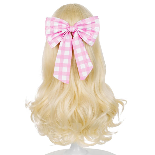 Kids Blonde Wig with Pink-bow Hair Clip, 22.8 Inch Long Blonde Wavy Princess Wigs for Kids Girls Toddlers + Wig Cap for Halloween Costume Party Cosplay