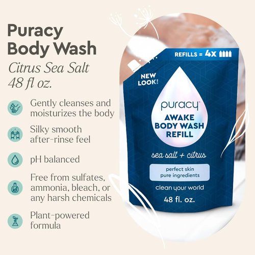 Puracy Body Wash Refill - Natural Moisturizing Shower Gel for All Skin Types | 48 Oz, Citrus & Sea Salt Scent
