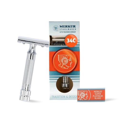 Merkur Mk34C Double Edge Razor - Heavy Duty Short Handle for Precision Shaving