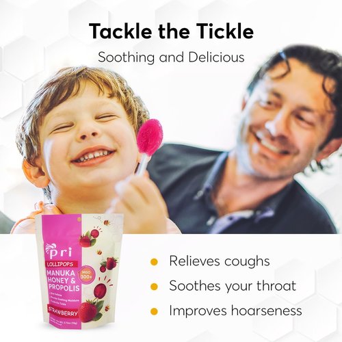 P.R.I Strawberry Manuka Honey Lollipops - Throat Soothing with Propolis & Menthol | 24 Individually Wrapped Pops
