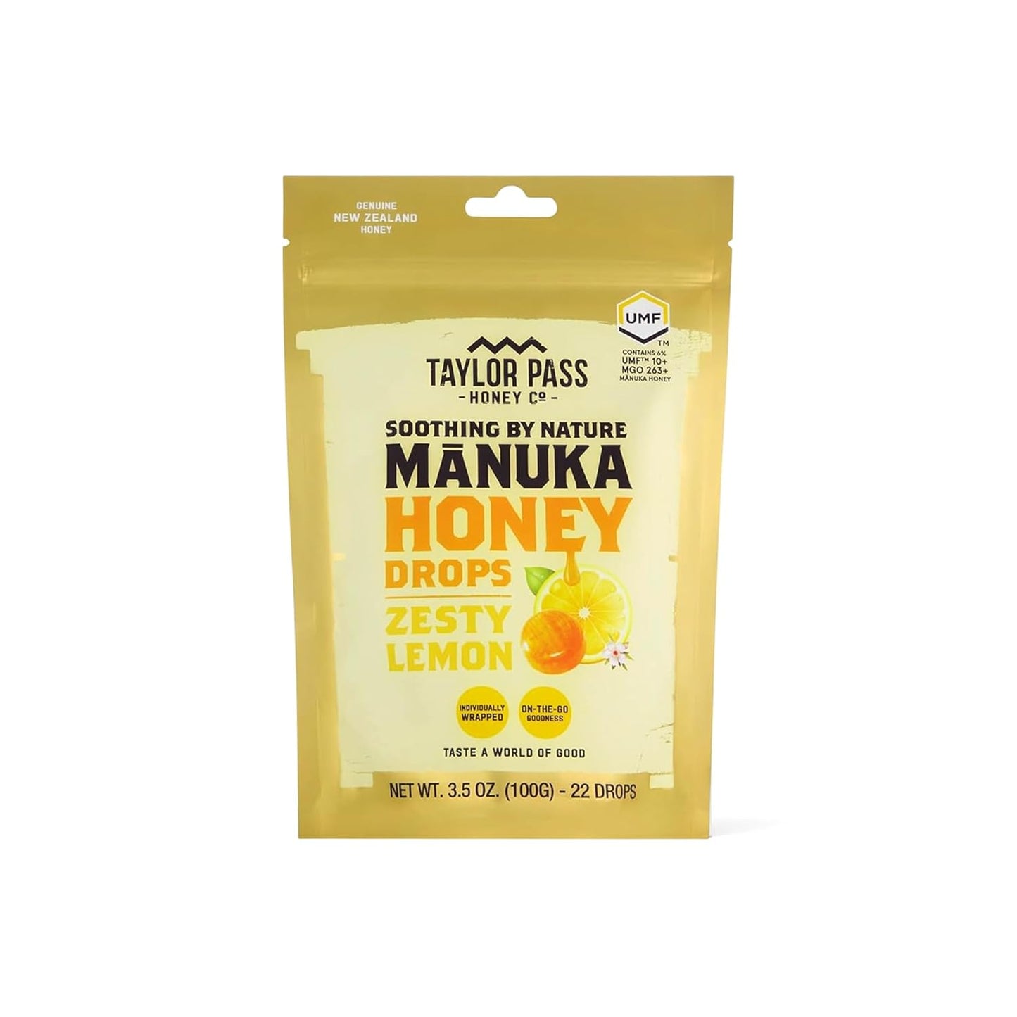 Taylor Pass Honey Co Mānuka Honey Drops UMF™ 10+ - Zesty Lemon Lozenges | Soothing Natural Relief | 22 Individually Wrapped Drops