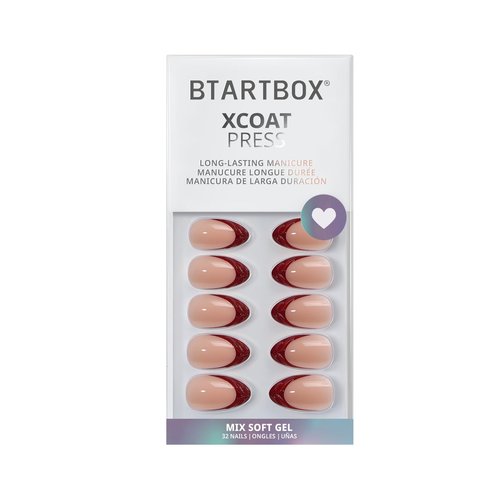 BTArtbox Press On Nails Short - Lucky Stripe, Lamp-Curable 3D French Tip Almond Press On Nails with Glue and Adhesive Tabs for Women in 16 Sizes - 32 Soft Gel Glue On Nails Kit