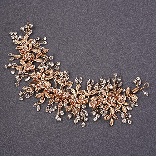 Teyglen Flower Leaf Crystal Handmade Hair Vine Large Rhinestones Headpiece Wedding Hair Accessories for Brides and Women (Gold)