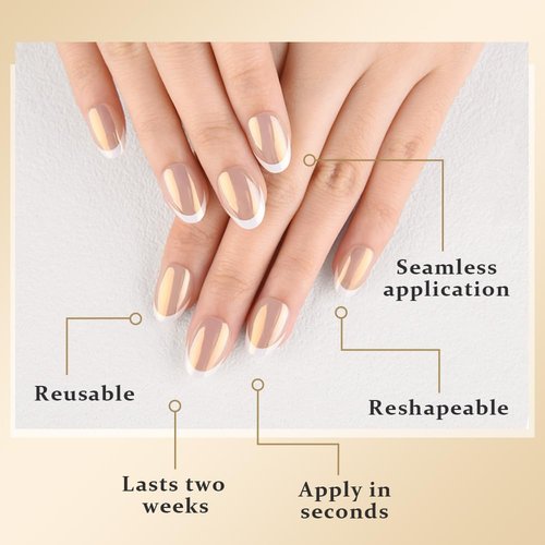 evpct French Tip Press On Nails Short Round Oval, Nude + Wihte Tips, Chrome Glazed Short Round Oval Fake False Press on Nails, Reusable Soft Gel Stick on nail Press ons with Nail Kit, Salon Quality