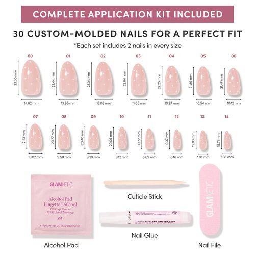 Glamnetic Press On Nails - Sugar Glazed | Medium Oval Fake Nails with a Sheer Nude Base, Mini White Polka Dots & Glazed Finish, Salon Quality Everyday Nails | 15 Sizes - 30 Nail Kit with Glue