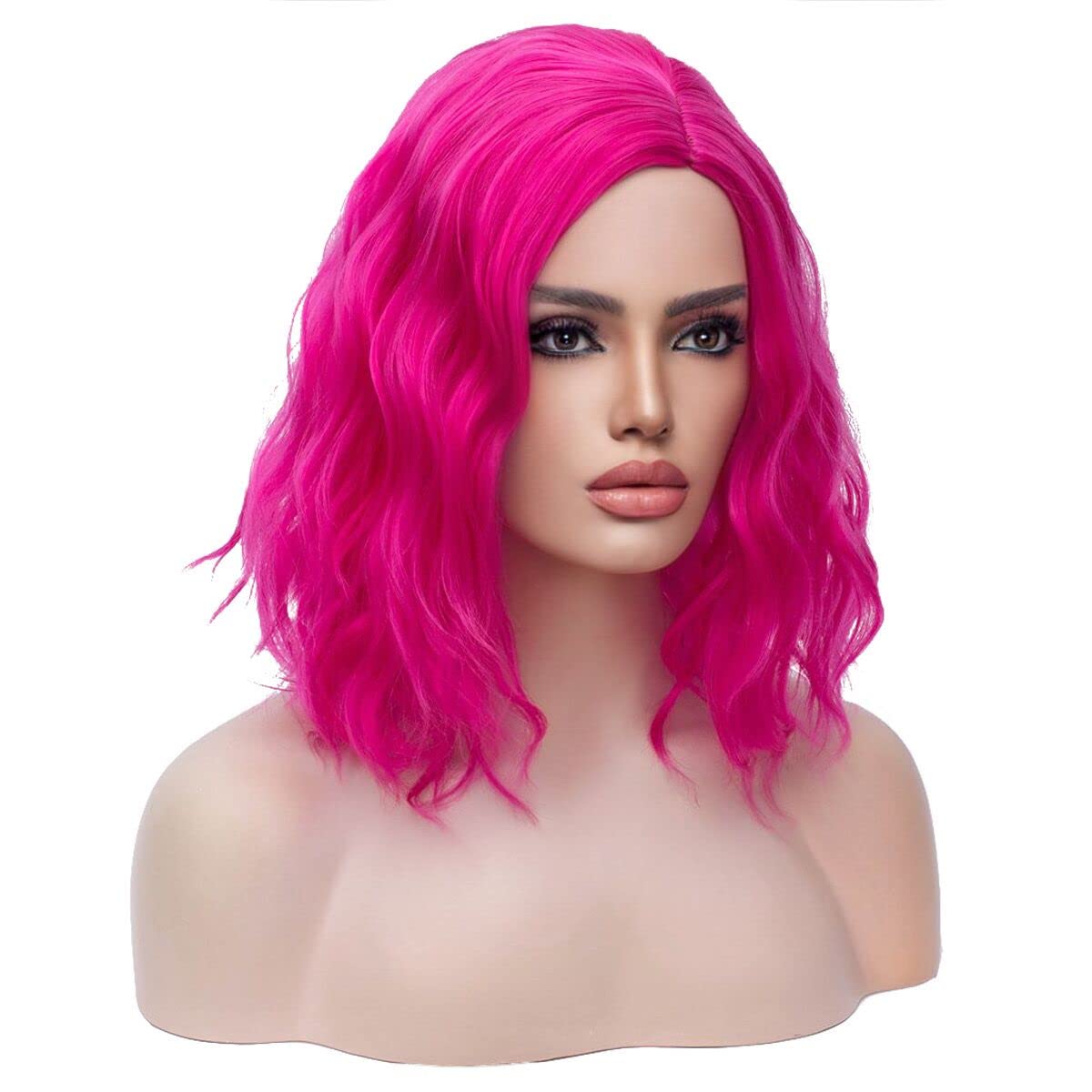 MAGQOO Hot Pink Wig Short Hot Pink Wig Hot Pink Bob Wig Short Curly Wavy Magenta Wig Side Part Pink Wig Short Hair Synthetic Heat Resistant