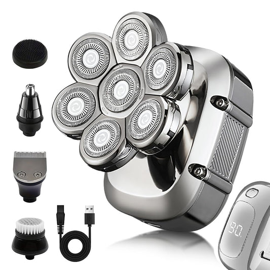 5-in-1 Electric 7D Head Shavers for Bald Men,Wet Dry Waterproof Cordless Men's Rotary Razor for Head/Face, Grooming Kit with Nose Trimmer-Hair Clippers, LED Display USB Charging Rechargeable
