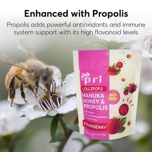 P.R.I Strawberry Manuka Honey Lollipops - Throat Soothing with Propolis & Menthol | 24 Individually Wrapped Pops