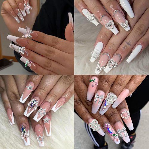 KACHIMOO 106 Pcs Nail Charms and Gems Silver Nail Charms Nail Rhinestones for Nails Design 3D Butterfly, Bow, Star,Cherry,Cross,Dollar,Heart Shapes for Acrylic Nails (19 Styles)