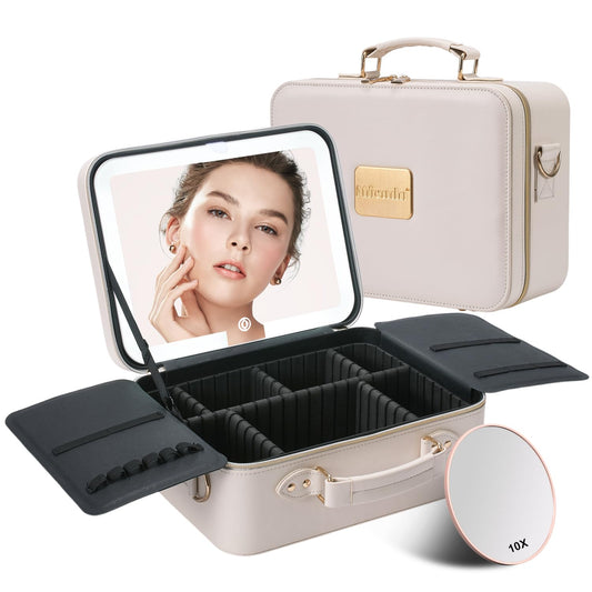 Mocado Travel Makeup Bag with LED Lighted Mirror,Makeup Case with 3 Color Lighted Setting and 10x Magnifying Mirror, Portable Storage and Adjustable Dividers (White with Hard Leather)
