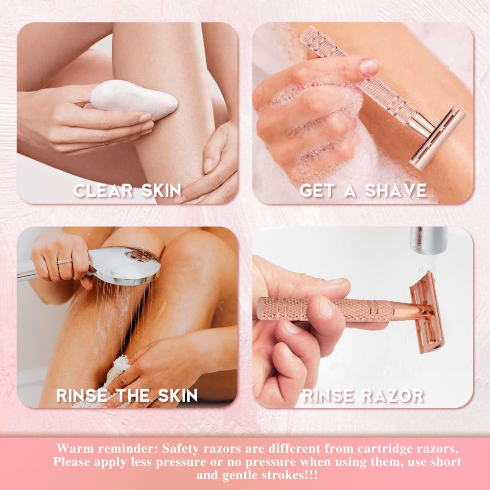 Safety Razor for Women, Double Edge Safety Razor Blades, Reusable Smooth Shave, Painless Hair Removal, Metal Shave Women for Leg Arm Underarm Bikini (Silver)