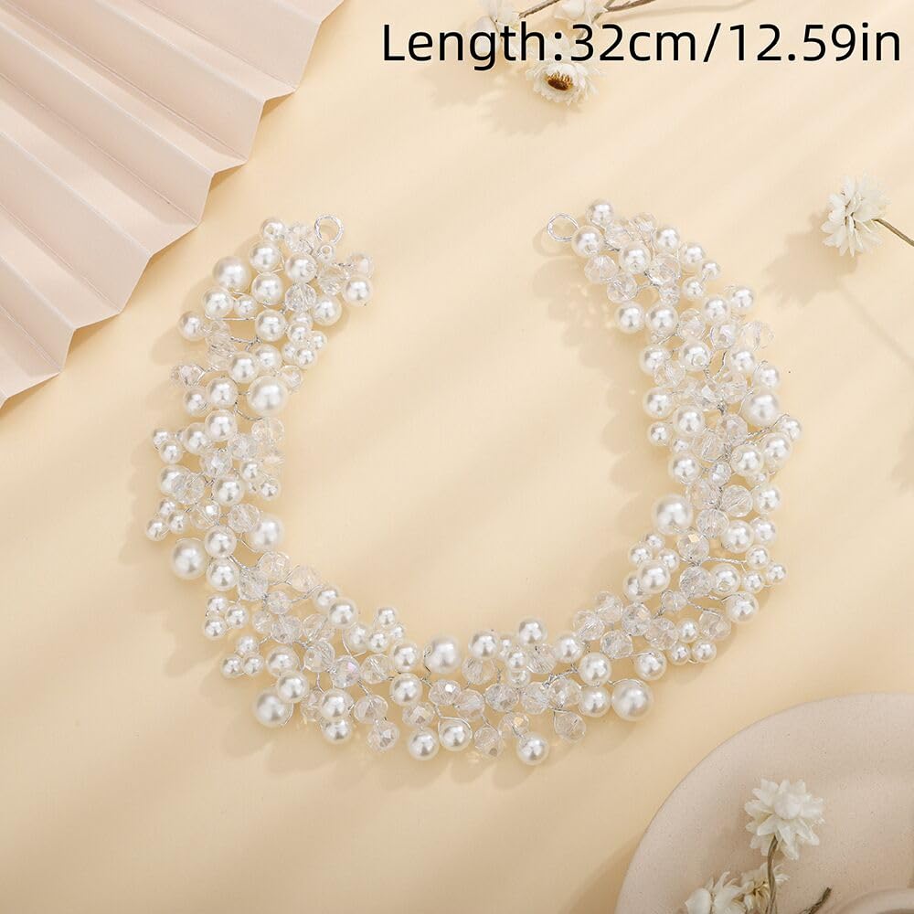 Teyglen Wedding Bride Pearl Crystal Headband Hair Vine Handmade Bridal Silver Rhinestones Beads Headband Wedding Hair Accessories for Brides Hair Pieces Headpieces for Women Girl (Silver)