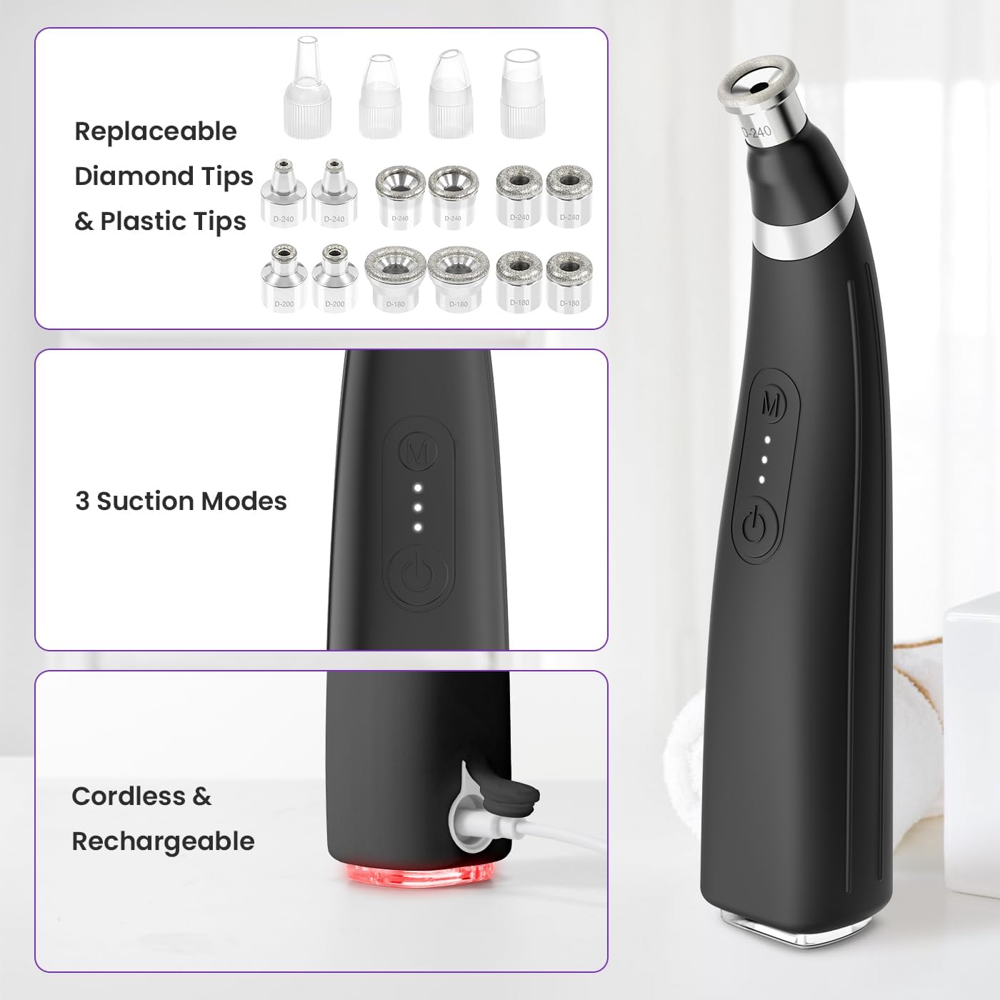 UNOISETION Diamond Microdermabrasion Machine - Rechargeable Facial Tool with 12 Tips for Home & Travel