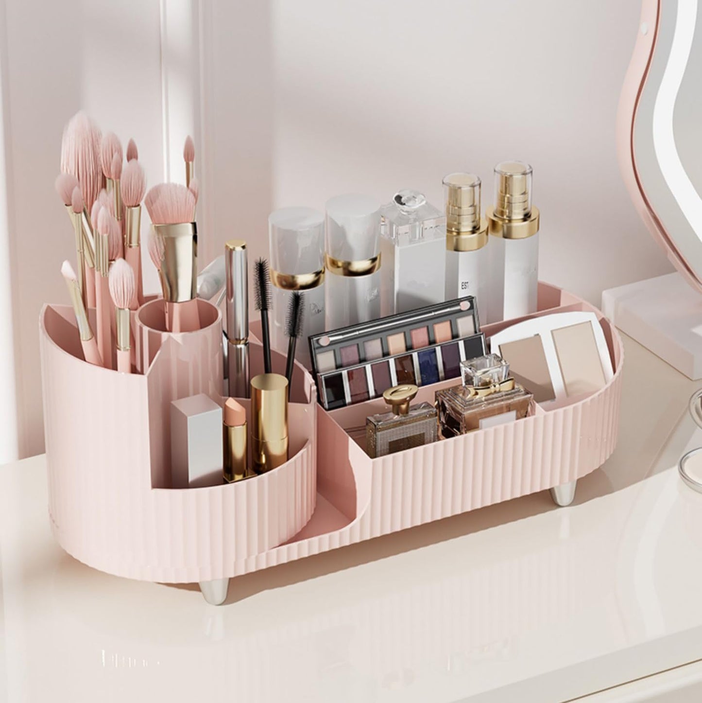 Makeup Organizer Countertop Rotating Makeup Organizer for Vanity Large Capacity Cosmetic Display Case with Makeup Brush Holder Cosmetic Organizer Countertop（Pink）