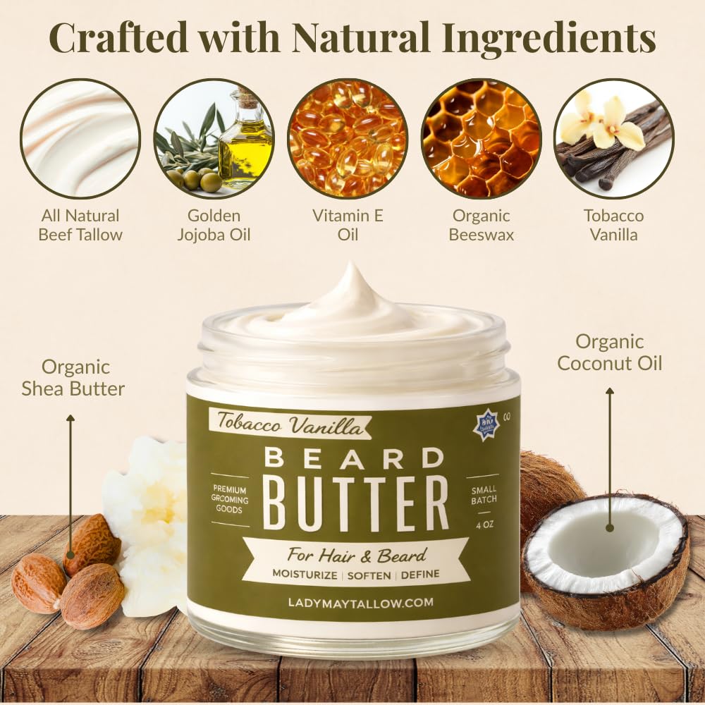 Tallow Man Tobacco Vanilla Beard & Body Butter - Grass-Fed Tallow | 9oz | Premium Men's Grooming
