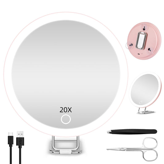 20X Magnifying Mirror with Lights, 6'' Makeup Magnified Mirror 20X High Magnification Mirror, Handheld Makeup Magnifying Mirror with Suction Cup & Stand, 20X LED Travel Magnifying Mirror for Women/Men