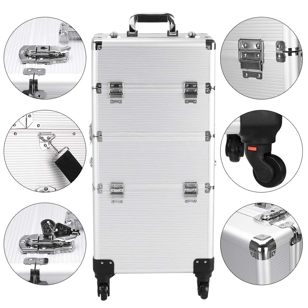 mefeir 3 in 1 Rolling Makeup Train Case, Large Cosmetic Trolley with 360° Rotation Wheels & 2 Drawers, Professional for Makeup & Tattoo Artist & Hairstylist