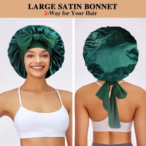2+3 Large Satin Bonnets with Scrunchies for Women, Hair Bonnet Sleeping Tie Bonnet for Braids Curly Hair, D