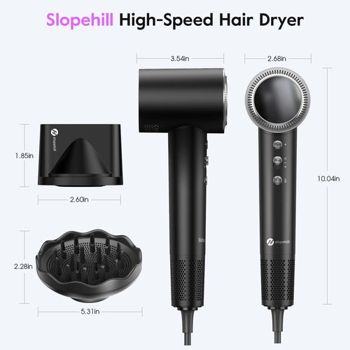 slopehill 110,000 RPM Professional Hair Dryer - 0.8lb Ultra-Lightweight, 2 Billion Ion Technology for 98% Frizz Reduction, AI Smart-Temp Control, Magnetic Attachments for All Hair Types