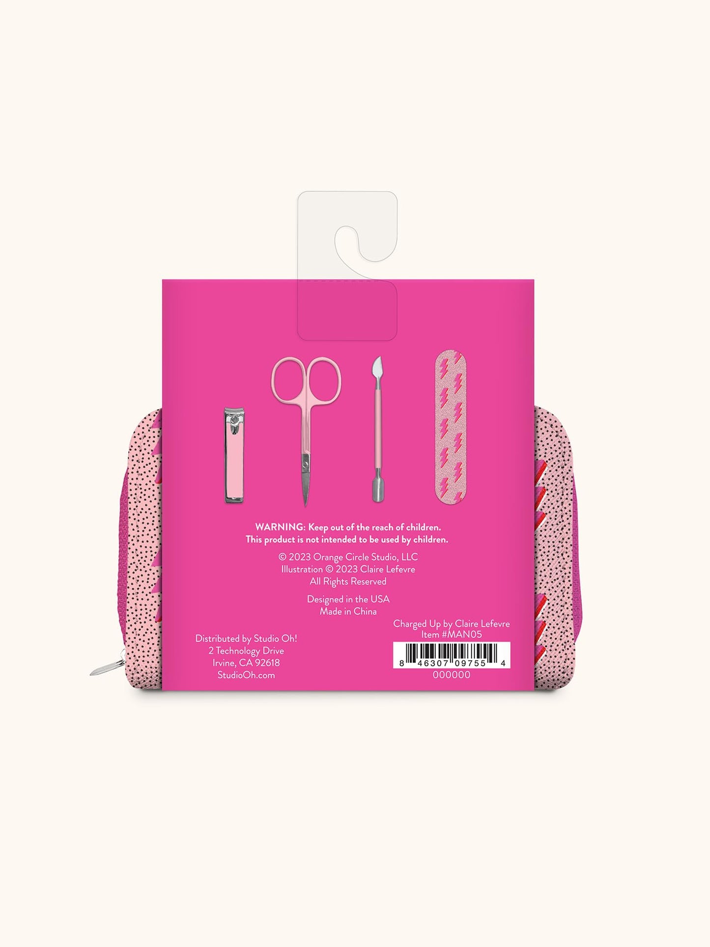 Studio Oh! Manicure Set - 5-piece Nail Grooming Set with File, Scissors, Clippers & Cuticle Pusher - Zippered Travel Kit for Home & Office - Charged Up