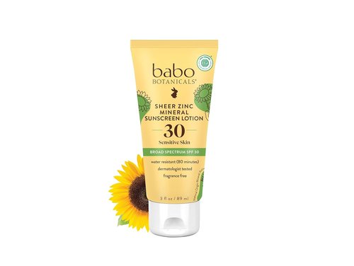 Babo Botanicals Sheer Zinc Mineral Sunscreen Lotion SPF 30 - Natural Zinc Oxide & Shea Butter - Water Resistant - Fragrance-Free - 3 Fl. Oz.